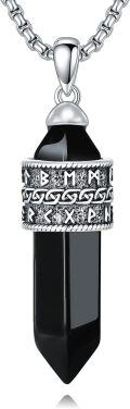wholesale 925 Sterling Silver Black Obsidian Rune Pendant Necklace  for Men Norse Viking Jewelry-0-0