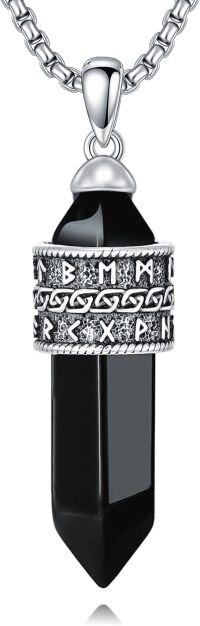 wholesale 925 Sterling Silver Black Obsidian Rune Pendant Necklace  for Men Norse Viking Jewelry-C01-Viking Rune