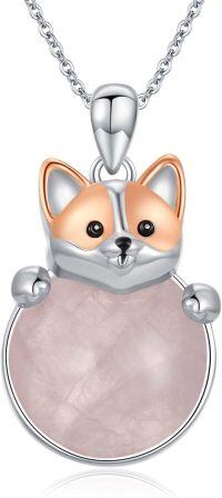 wholesale 925 Sterling Silver Rose Quartz Corgi Dog Pendant Necklace for Women-Rose Quartz