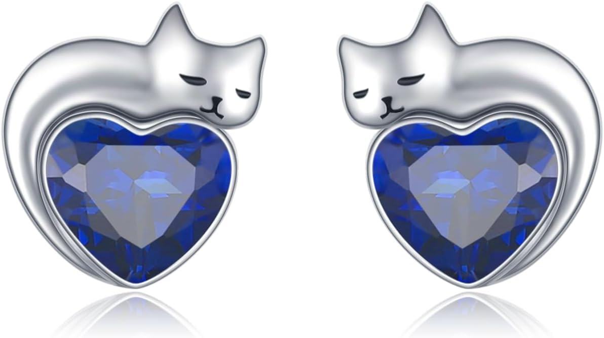 wholesale Sterling Silver Birthstone Cat Stud Earrings Heart Jewelry for Women-09-September