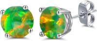 wholesale 925 Sterling Silver Green Fire Opal Round Stud Earrings - Multiple Sizes & Colors for Women Men Gifts-Olive