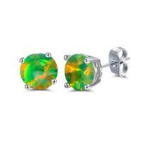 wholesale 925 Sterling Silver Green Fire Opal Round Stud Earrings - Multiple Sizes & Colors for Women Men Gifts-Olive