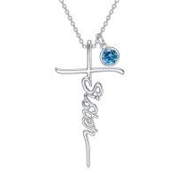 wholesale 925 Sterling Silver Birthstone Cross Sister Initial Pendant Necklace-03-March