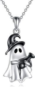 wholesale 925 Sterling Silver Black Cat & Ghost Charm Pendant Necklace for Women Girls Gifts Halloween Jewelry-0-0
