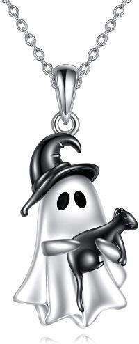 wholesale 925 Sterling Silver Black Cat & Ghost Charm Pendant Necklace for Women Girls Gifts Halloween Jewelry-Ghost
