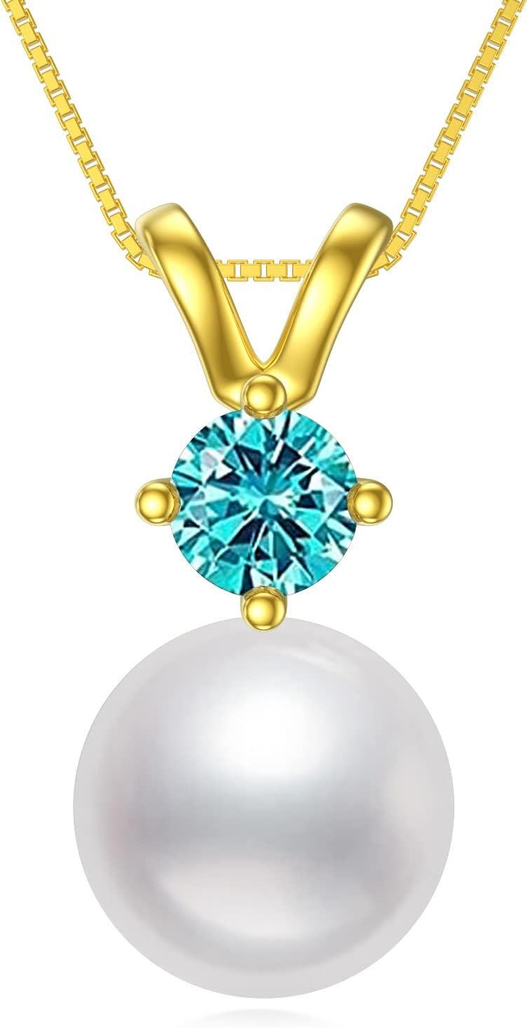  Sterling Silver Gold Plated Pearl Birthstone Necklace for Women -12-Dec-Blue Topaz