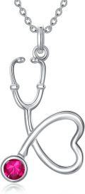 wholesale 925 Sterling Silver Clear Birthstone Heart Stethoscope Pendant Necklace for Nurse-0-0