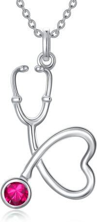 wholesale 925 Sterling Silver Clear Birthstone Heart Stethoscope Pendant Necklace for Nurse-7-July-Ruby
