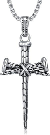 wholesale 925 Sterling Silver Nail Cross Pendant Necklace with Bible Verse-(02-Grid Nail Cross 02- Silver)