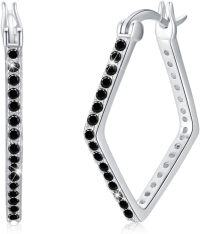wholesale 925 Sterling Silver Black CZ Square Hoop Earrings with Safety Buckle-Black