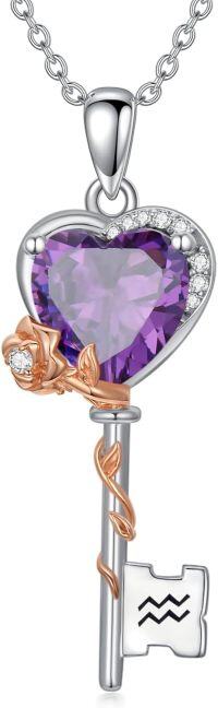 wholesale  Sterling Silver Birthstone Zodiac Necklace for Women Rose Flower Key Pendant Wife Gift -2-Aquarius (1\/20~2\/18)