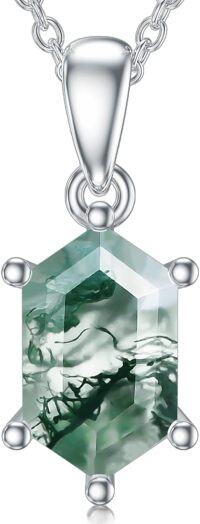 wholesale 925 Sterling Silver & 14k Gold Plated Square Cut Moss Agate Pendant Necklace - Natural Green Stone Jewelry for Women-Hexagon-Cut Silver