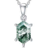 wholesale 925 Sterling Silver & 14k Gold Plated Square Cut Moss Agate Pendant Necklace - Natural Green Stone Jewelry for Women-Hexagon-Cut Silver