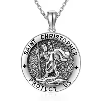 TOUPOP Sterling Silver Four Way Cross St Michael St Christopher St Benedict St Joseph St Francis Pendant Necklace-style_name:3-St Christopher-Round