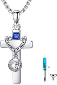 wholesale 925 Sterling Silver Sports Cross Urn Pendant Necklace  with Funnel Kit - Basketball Football Baseball Cremation Jewelry for Men & Women-01-Basketball Urn Necklace