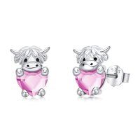 wholesale 925 Sterling Silver Birthstone Highland Cow Stud Earrings Cute Animal Jewelry Gift for Women Girls-Silver-10-Oct