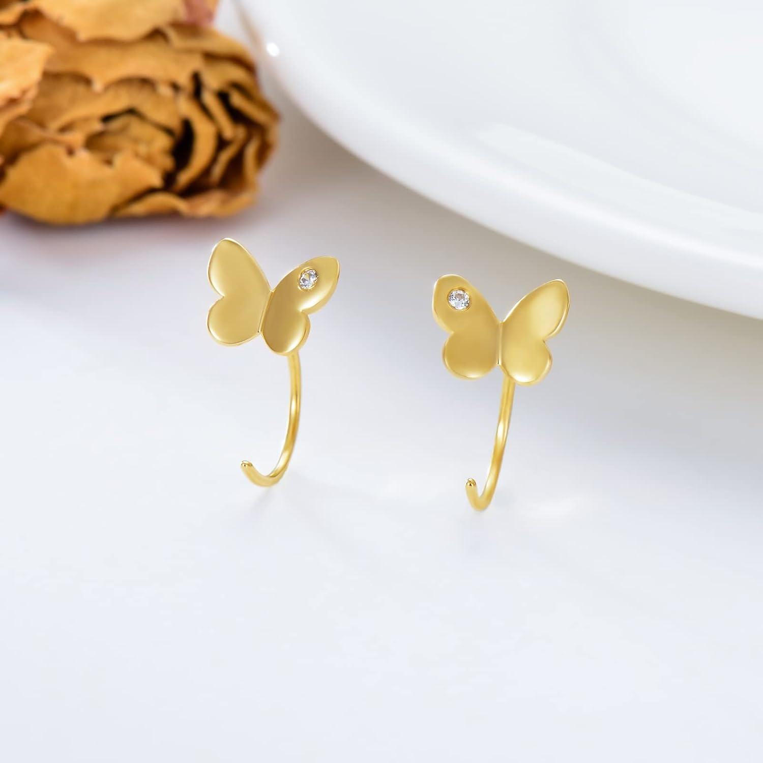 14K Gold Opal Butterfly Infinity Heart Cross Triangle Lightning Daisy Huggie Hoop Earrings for Women-0-2