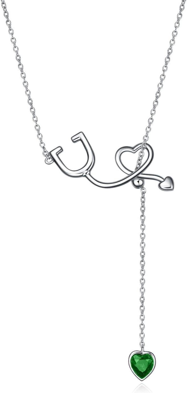 Sterling Silver Crystal Austria Stethoscope Lariat Necklace Nurse Gift 22 -05-Green
