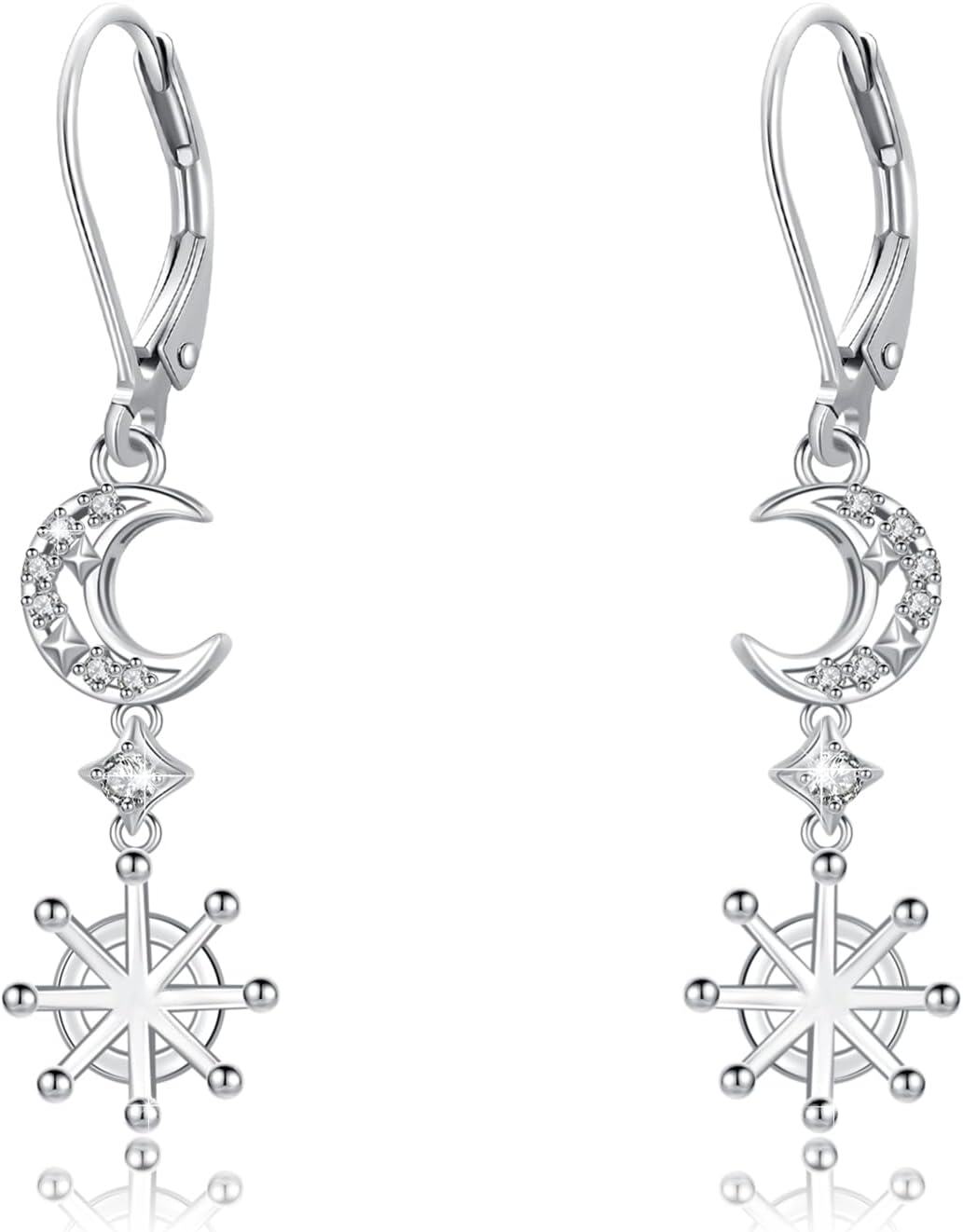 925 Sterling Silver Snowflake Moon Star Leverback Earrings for Sensitive Skin-0-0