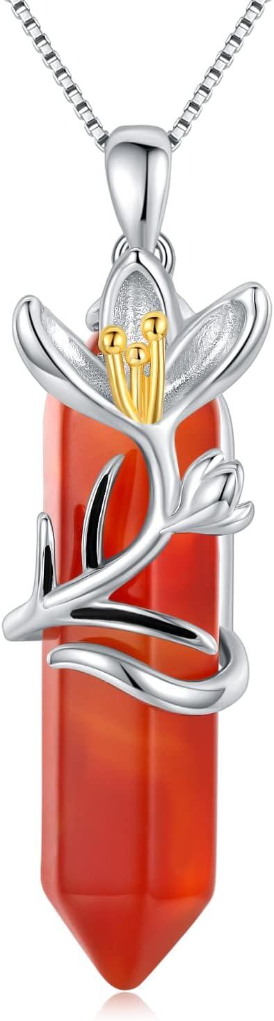 wholesale 925 Sterling Silver Carnelian Healing Crystal Lily Pendant Necklaces - Mothers Day Gifts for Mom Daughter Wife Sister Friends-0-0