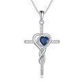 TOUPOP White Gold S925 Sterling Silver Sapphire Cross Pendant Necklace-0-0