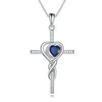 TOUPOP White Gold S925 Sterling Silver Sapphire Cross Pendant Necklace-undefined