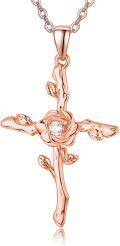 wholesale Rose Gold 925 Sterling Silver Rose Cross Pendant Necklace for Women Christian Jewelry Religious Gifts-0-0