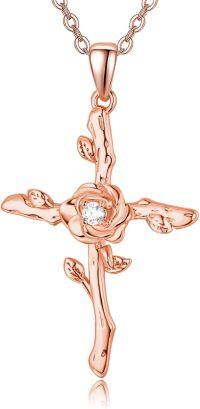 wholesale Rose Gold 925 Sterling Silver Rose Cross Pendant Necklace for Women Christian Jewelry Religious Gifts-Pink