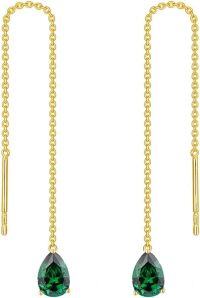wholesale 14K Solid Gold Emerald Threader Earrings for Women Dangle Drop Birthstone Gift-50mm Gold-May