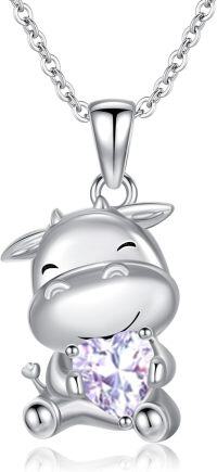 wholesale Sterling Silver 12 Month Birthstones Animals Necklace for Women Daughter (Axolotl Cow Pig Cat) Birthday Christmas Graduation Gift-02-06-Cow-Jun.-02-06-Cow-Jun.