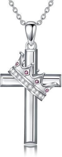 wholesale 925 Sterling Silver Birthstone Crown Cross Pendant Necklace for Women-07-July