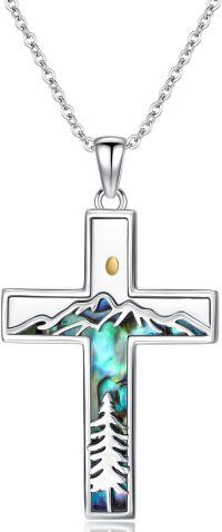 wholesale 925 Sterling Silver Cross with Abalone Shell and Tree Design Pendant Necklace for Women-Mountain Mustard Seed