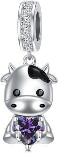 wholesale  925 Sterling Silver Amethyst Cow Charm Bead - 9.7x14.5mm Sparkling Zircon Bracelet Jewelry Gift for Women-0-0