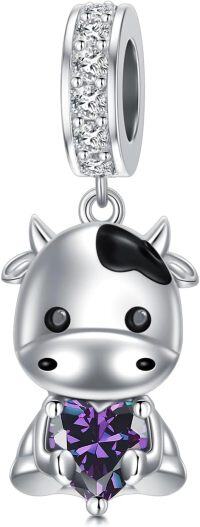 wholesale  925 Sterling Silver Amethyst Cow Charm Bead - 9.7x14.5mm Sparkling Zircon Bracelet Jewelry Gift for Women-02-Feb