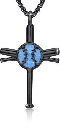 wholesale 925 Sterling Silver Black Chain Blue Opal Baseball Bat Cross Pendant Necklace for Men & Women-Black