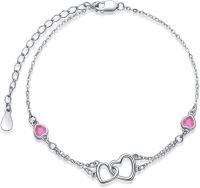 wholesale Sterling Silver Cubic Zirconia Double Heart Chain Jewelry for Women-Bracelet 7''-9''-10 Oct - Pink-White Gold
