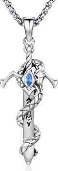 wholesale 925 Sterling Silver Blue CZ Gothic Sword with Rose Skull Snake Pendant Necklace-0-0