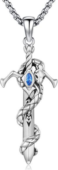 wholesale 925 Sterling Silver Blue CZ Gothic Sword with Rose Skull Snake Pendant Necklace-Snake Sword
