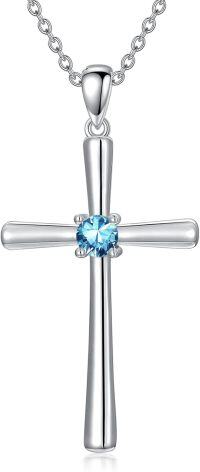 wholesale 925 Sterling Silver Birthstone Cross Necklace for Women 18 20-3-March-Aquamarine