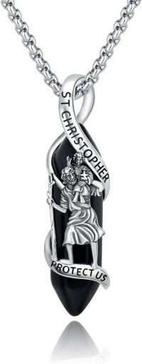 wholesale 925 Sterling Silver St Christopher Protect Us Onyx Pendant Necklace with 24 Rolo Chain-A00-Saint Christopher(Obsidian)