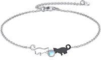 wholesale 925 Sterling Silver Cat Charm Bracelet with Moonstone and Black Enamel - Gifts for Women-cat