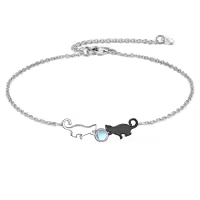 wholesale 925 Sterling Silver Cat Charm Bracelet Wholesale with Moonstone and Black Enamel - Gifts for Women-cat