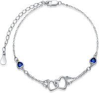 wholesale Sterling Silver Cubic Zirconia Double Heart Chain Jewelry for Women-09 Sept - Sapphire-White Gold 1-Anklet 9''-11''
