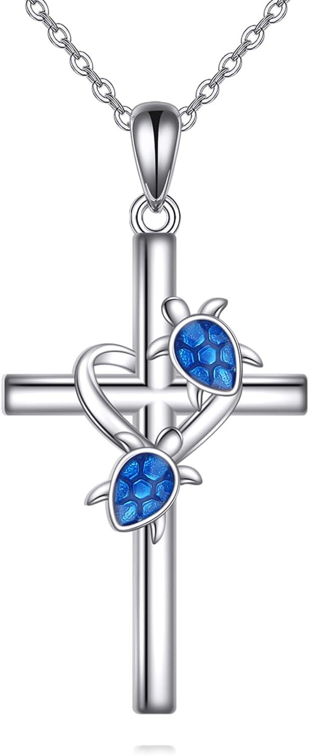 925 Sterling Silver Turtle Cross Pendant Necklace with Blue Enamel Accents for Women and Men-0-0