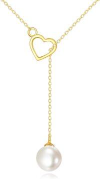 wholesale 14K Gold Heart & Pearl Lariat Necklace for Women - Anniversary/Birthday Gifts-Heart White