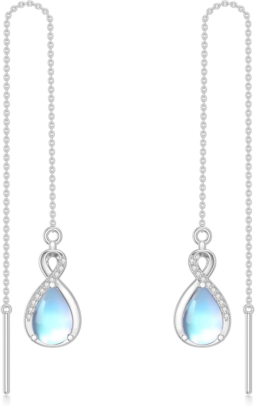 Sterling Silver 12 Birthstone Infinity Threader Drop Earrings for Women-6-June-Moonstone