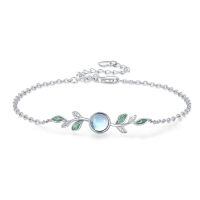 wholesale 925 Sterling Silver Green Enamel Leaves & Round Blue Stone Charm Bracelet for Women's Gifts-B-Green Leaf