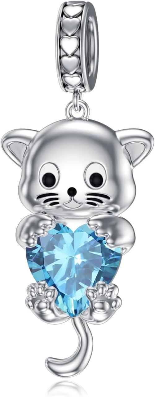 Silver Birthstone Cat Charm Bead Gift for Women-Blue Topaz