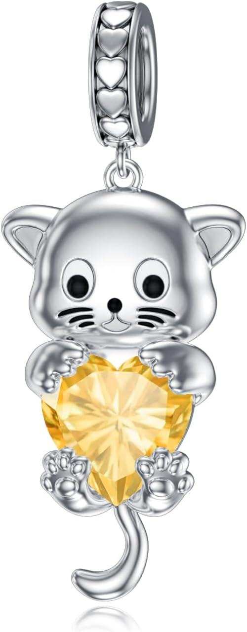 Silver Birthstone Cat Charm Bead Gift for Women-November - Citrine