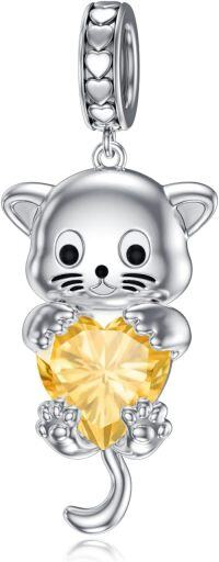wholesale 925 Sterling Silver Birthstone Cat Charm Bead Gift for Women-November - Citrine